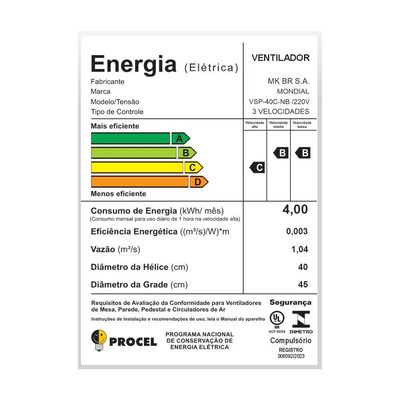 Ventilador de Coluna 40cm Super Power VSP40C 6 Pás 3 Velocidades Mondial Prata com Preto / 220V