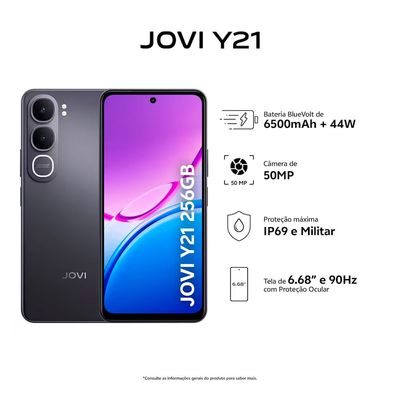 Smartphone JOVI Y21 4G Tela 6.68 256GB Câmera 50MP Bateria 6500mAh Preto Preto