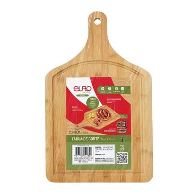 Tábua de Churrasco Euro Home Retangular 38x20cm Sulcos Cabo Bambu Natural Natural