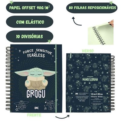 Caderno DAC Smart Mini Star Wars Baby Yoda Papel Offset 90g-m2 80 Folhas Tamanho A6 Preto e Verde