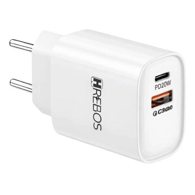 Adaptador de Tomada MDM Inteligente para Smartphones 20W com Cabos USB-C e Lightning Branco