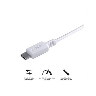 Cabo USB Pcyes PUACB-05 para Smartphone USB a 2.0 para USB Tipo C 480 MBPS Branco 0,5 METRO