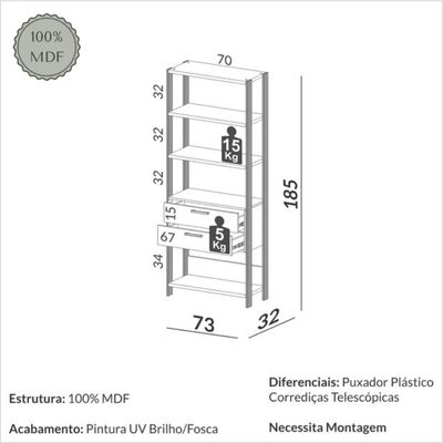 Estante 5 Prateleiras 2 Gavetas Off White Freijó 73x32x185 cm Dalla Costa