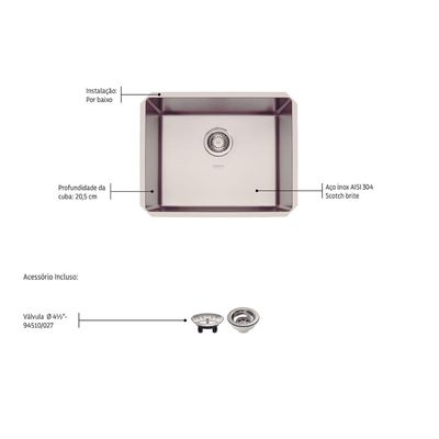 Cuba de Embutir Quadrum Tramontina 50x40x20 cm Aço Inox Acetinado Outlet