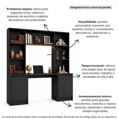 Escrivaninha com Estante Smart MP6075 2 Portas MDF 180CM Preto Multimóveis