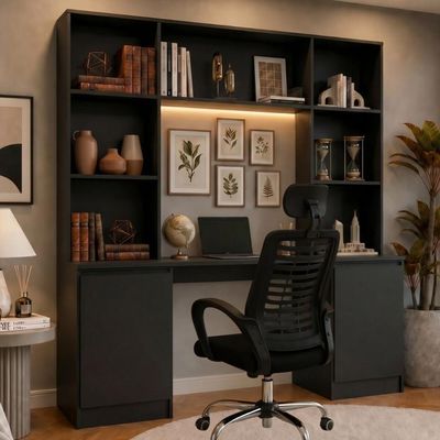 Escrivaninha com Estante Smart MP6075 2 Portas MDF 180CM Preto Multimóveis