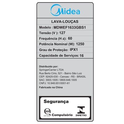 Lava-Louças 16 Serviços Black Smart Home Midea MDWEF1633GBS1 110V