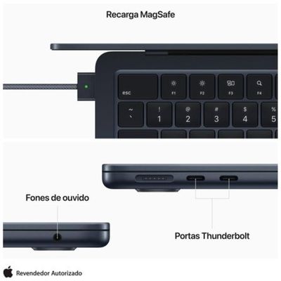 Apple MacBook Air 13" M2 (CPU de 8 núcleos e GPU de 8 núcleos, 8GB RAM , 256 GB SSD) - Meia-noite