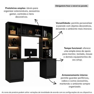 Conjunto de Escritório Smart Moderno sem Gavetas MDF-MDP 180CM Preto Multimóveis