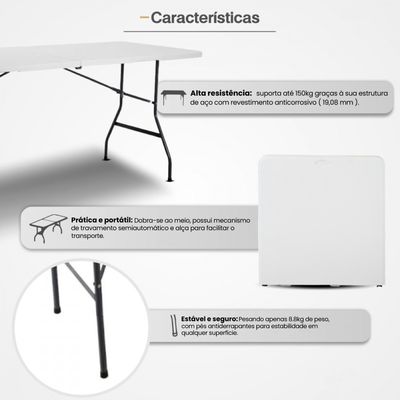 Kit 02 Mesa + 08 Cadeira Portátil Dobrável Loomber Branco