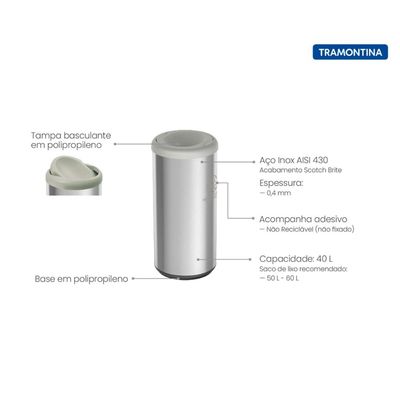 Lixeira Inox Tramontina Piemonte 40 Litros Scotch Brite e Tampa Basculante Cinza OUTLET