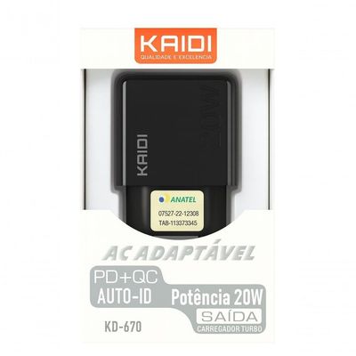 Carregador Elétrico Bivolt MDM Compatível com Smartphones Type C Turbo USB-A e PD Preto com Cabo