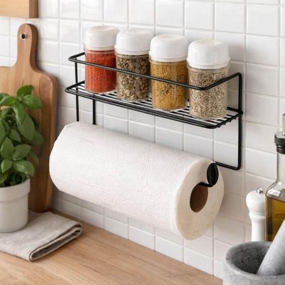 Suporte Parede Adesivo Preto Porta Papel Toalha Prateleira 4 Porta Temperos Utimil