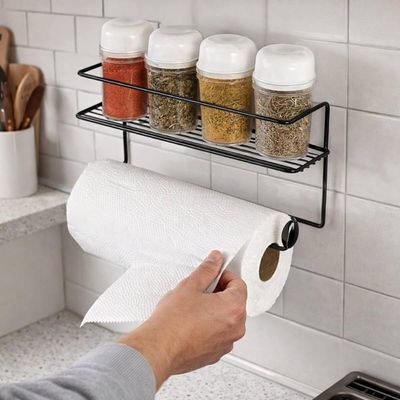 Suporte Parede Adesivo Preto Porta Papel Toalha Prateleira 4 Porta Temperos Utimil