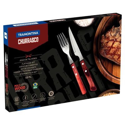 Jogo de Talheres para Churrasco Tramontina em Aço Inox e Madeira Vermelho 12 Peças