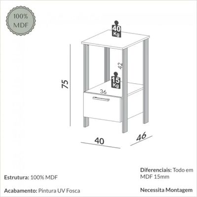 Mesa Auxiliar 1 Gaveta em MDF 40x46x75cm Off White Freijó Dalla Costa
