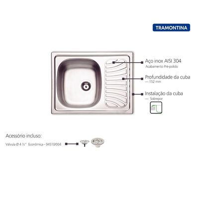 Cuba de Sobrepor Tramontina Alpha 34 R em Aço Inox Pré-polido 62 x 50 cm com Válvula
