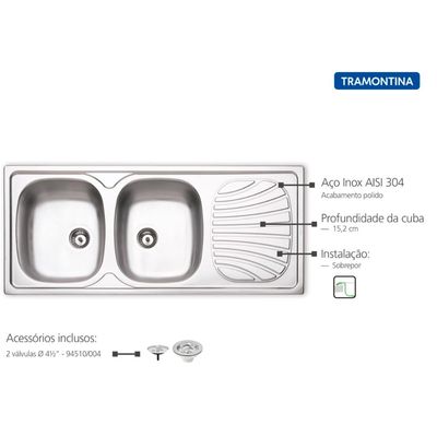 Cuba de Sobrepor Tramontina Alpha Alpha 2C 34 R em Aço Inox 116 x 50 cm