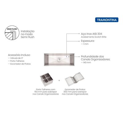 Canal Organizador em Aço Inox Tramontina para Sobrepor Scotch Brite com Acessórios 45x18 cm