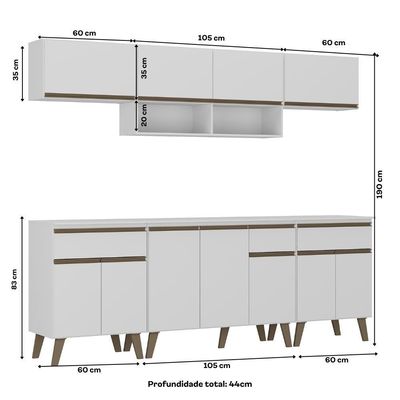 Cozinha Completa Atlanta Smart 6 Módulos MDP 225cm Branco Móveis Carraro