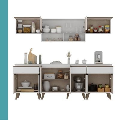 Cozinha Completa Atlanta Smart 6 Módulos MDP 225cm Branco Móveis Carraro
