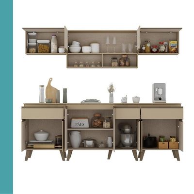 Armário de Cozinha Completa Atlanta Smart 6 Módulos Amêndoa Móveis Carraro