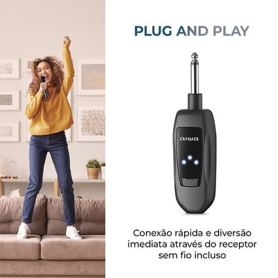 Microfone Sem Fio Aiwa AWS-MIC-01 Duplo - Dinâmico para Karaokê com 10h de Bateria Bivolt