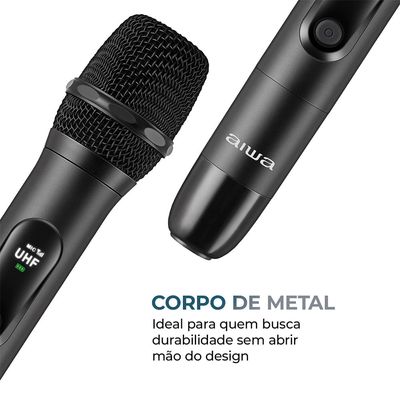 Microfone Sem Fio Aiwa AWS-MIC-01 Duplo - Dinâmico para Karaokê com 10h de Bateria Bivolt
