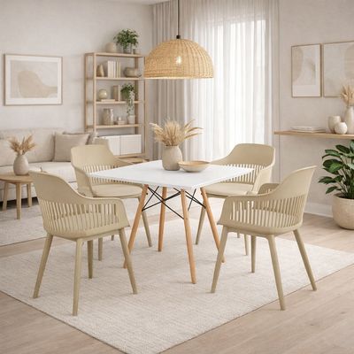 Mesa de Jantar Quadrada Branco 90cm +4 Cadeiras Marcela Nude