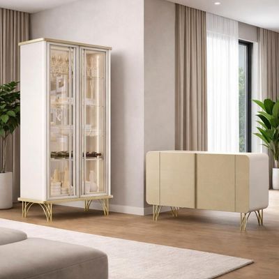 Kit Aparador Buffet Benvenuto E Cristaleira Evora Pés De Aço Off White-champanhe Off White-champanhe