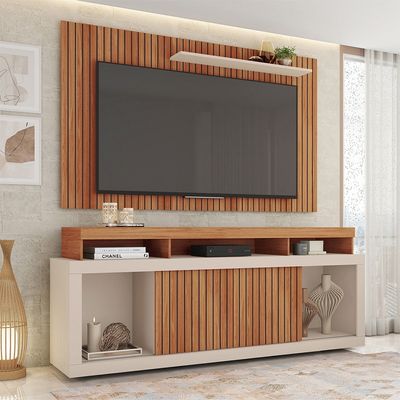 Conjunto Sala de Estar Painel Rack Life Mesa Book Caemmun Freijo/off white