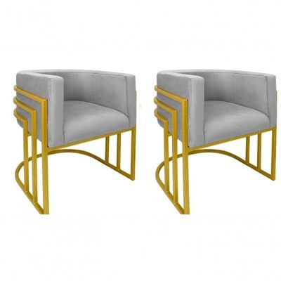 Kit 02 Cadeiras Poltrona Luxo Base De Metal Tripla Dourado Sala De Jantar Cozinha Recepção Veludo Prata Eli Móveis