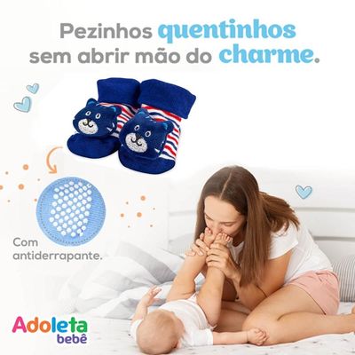 Meia Infantil Divertida Algodão Menino Antiderrapante 6 a 12 meses Bichinho Azul Tigre
