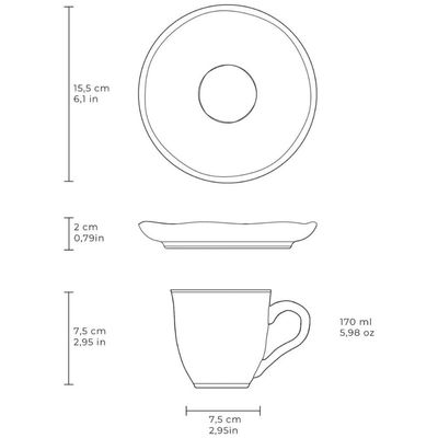 Jogo 6 Xícaras de Chá 170ml Com Pires Cerâmica Bio Mar Porto Brasil Mesa Posta Café da Manhã Cinza