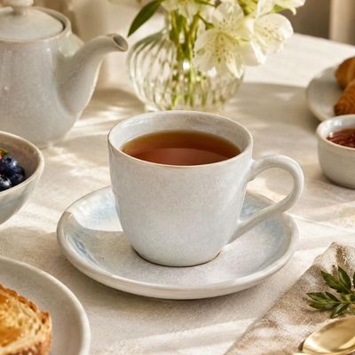 Jogo 6 Xícaras de Chá 170ml Com Pires Cerâmica Bio Mar Porto Brasil Mesa Posta Café da Manhã Cinza