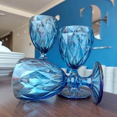 Conjunto 12 Taças De Vidro Azul Diamond 350ml Drinks Sucos Refrigerantes Águas Copo Cálice