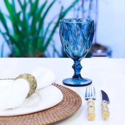 Conjunto 12 Taças De Vidro Azul Diamond 350ml Drinks Sucos Refrigerantes Águas Copo Cálice