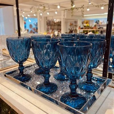 Conjunto 12 Taças De Vidro Azul Diamond 350ml Drinks Sucos Refrigerantes Águas Copo Cálice