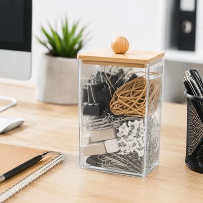 Porta Objetos Plástico com Tampa de Bambu Lyor 7x11,5cm My Box Organizador Casa Escritório
