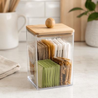 Porta Objetos Plástico com Tampa de Bambu Lyor 7x11,5cm My Box Organizador Casa Escritório