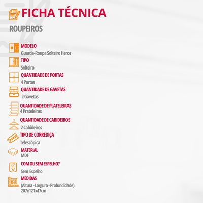 Guarda Roupa Solteiro Heros 4 Portas MDF Com pés Moderna Imbuia