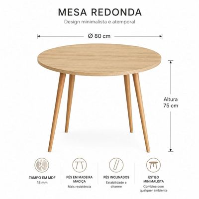 Mesa Jantar Sofia Redonda 80cm Carvalho Tropical 18mm Pés de Madeira Natural Marin