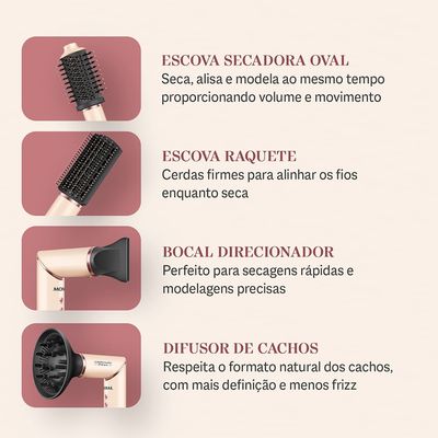 Secador Multifuncional 5 em 1 Mondial Rosa Claro 1500W - SM-01-BLDC-CP 220V