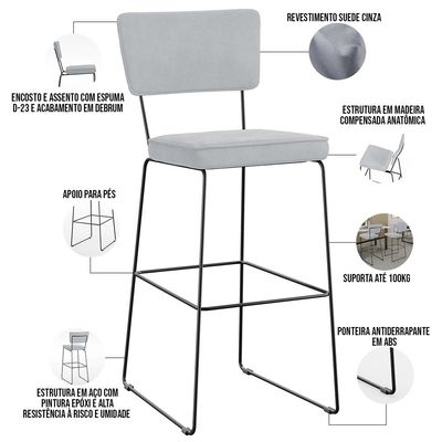 Banqueta Alta Para Cozinha Sala De Jantar Base Em Aço Fixa Allana L02 Suede Cinza - Lyam Decor