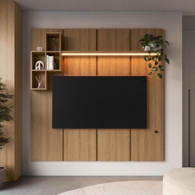 Painel para TV até 55 Polegadas 180cm com Nichos Decorativos e Iluminação em LED Nexus Mel