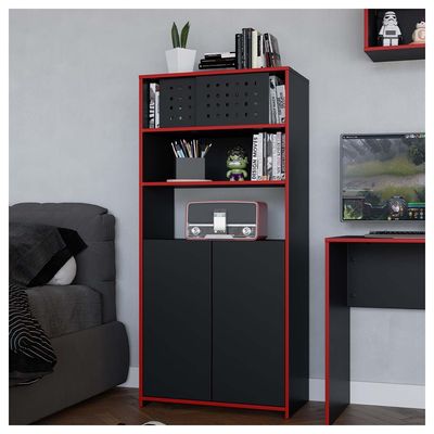 Armário Alto Pixel Escritório 4 Portas Caemmun Preto com Vermelho