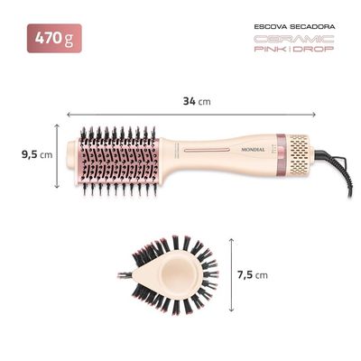 Escova Secadora Ceramic Pink Drop Mondial Rosa Claro 1300W Bivolt ES-22 Bivolt