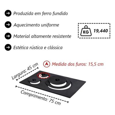 Chapa Redução Tipo Sul 3 Furos Fogão a Lenha Libaneza Ferro Fundido Preto