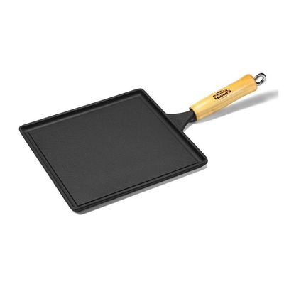 Bifeteira Lisa Quadrada 24x24cm Cabo Madeira em Ferro Fundido para Fogão Panela Mineira