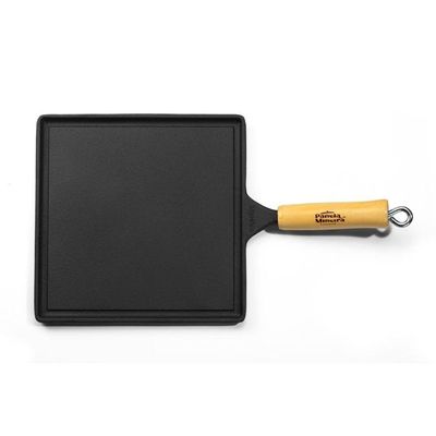Bifeteira Lisa Quadrada 24x24cm Cabo Madeira em Ferro Fundido para Fogão Panela Mineira